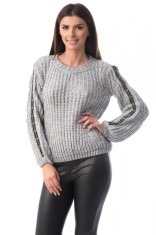E761-18 Pulover gros accesorizat cu dunga bicolora pe maneci