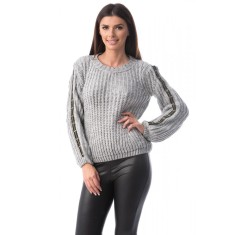 E761-18 Pulover gros accesorizat cu dunga bicolora pe maneci