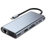 Docking Station USBC ZYTEQ&reg;️ 11-in-1, 1000Mbps Ethernet, 4K HDMI, VGA, 3x USB3.0, USB-C, PD, slot SD/TF, audio, gri