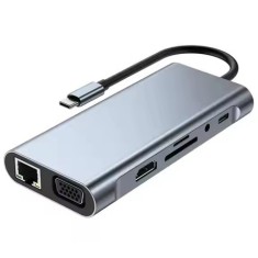 Docking Station USBC ZYTEQ&reg;️ 11-in-1, 1000Mbps Ethernet, 4K HDMI, VGA, 3x USB3.0, USB-C, PD, slot SD/TF, audio, gri