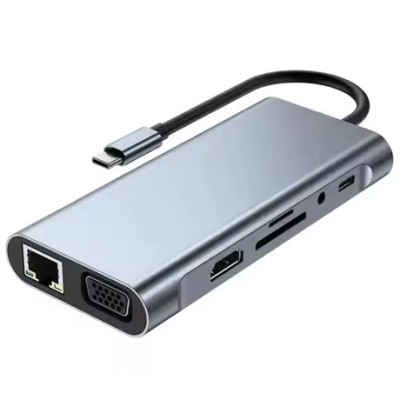 Docking Station USBC ZYTEQ&amp;reg;️ 11-in-1, 1000Mbps Ethernet, 4K HDMI, VGA, 3x USB3.0, USB-C, PD, slot SD/TF, audio, gri foto