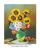 Cumpara ieftin Tablou pictat manual, Carafa cu floarea soarelui, maci, margarete si albastrele, 50x40cm ulei pe panza