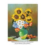 Tablou pictat manual, Carafa cu floarea soarelui, maci, margarete si albastrele, 50x40cm ulei pe panza