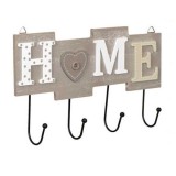 Cuier din Lemn cu 4 Carlige Metalice, Model Home, 28 x 16.5 cm, Gri