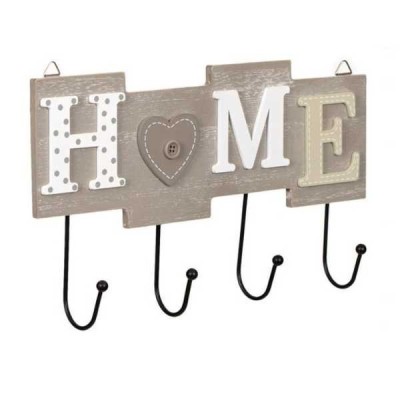 Cuier din Lemn cu 4 Carlige Metalice, Model Home, 28 x 16.5 cm, Gri foto