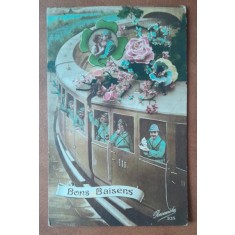 Carte postala, necirculata, desen tren cu militari, perioada interbelica