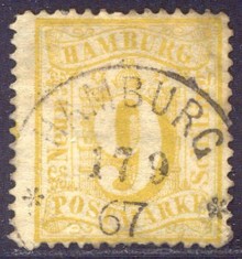Germany Hamburg 1864 Definitive 9s yellow Mi.18 SCARCE used AM.377 foto