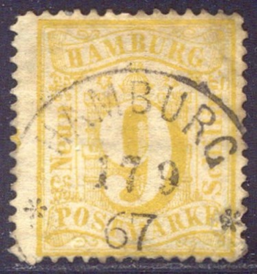 Germany Hamburg 1864 Definitive 9s yellow Mi.18 SCARCE used AM.377 foto