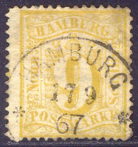 Germany Hamburg 1864 Definitive 9s yellow Mi.18 SCARCE used AM.377