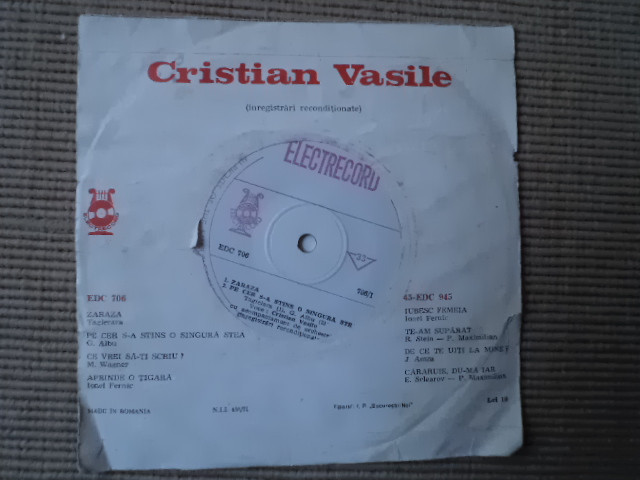 Cristian vasile zaraza single disc 7" vinyl EDC 706 muzica usoara slagare,  VINIL, electrecord | Okazii.ro