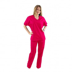 Costum medical ciclam cu bluza cu anchior in forma V, trei buzunare aplicate si pantaloni ciclam cu elastic XS foto