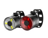Set lumini bicicleta, lumina alba si rosie, 4x baterii, impermeabil IPX4, suport prindere, 3 moduri luminare