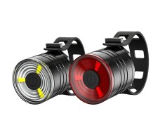 Set lumini bicicleta, lumina alba si rosie, 4x baterii, impermeabil IPX4, suport prindere, 3 moduri luminare