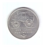 Moneda Germania de est 5 mark/marci 1990 500 Years Mail Services, stare foarte buna, cu luciu