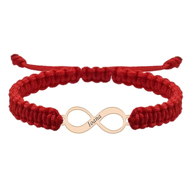 Bratara personalizata snur impletit infinit si nume gravat din argint 925 placat cu aur roz