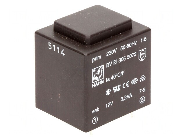 Transformator 3,2VA 230V 12V 267mA PCB