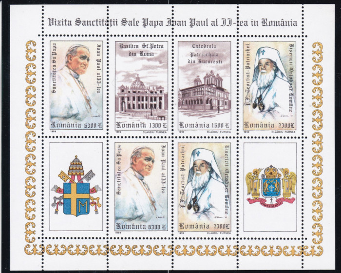 1999 LP 1484 a VIZITA SANCTITATII PAPA IOAN PAUL AL II-LEA IN ROMANIA BLOC MNH
