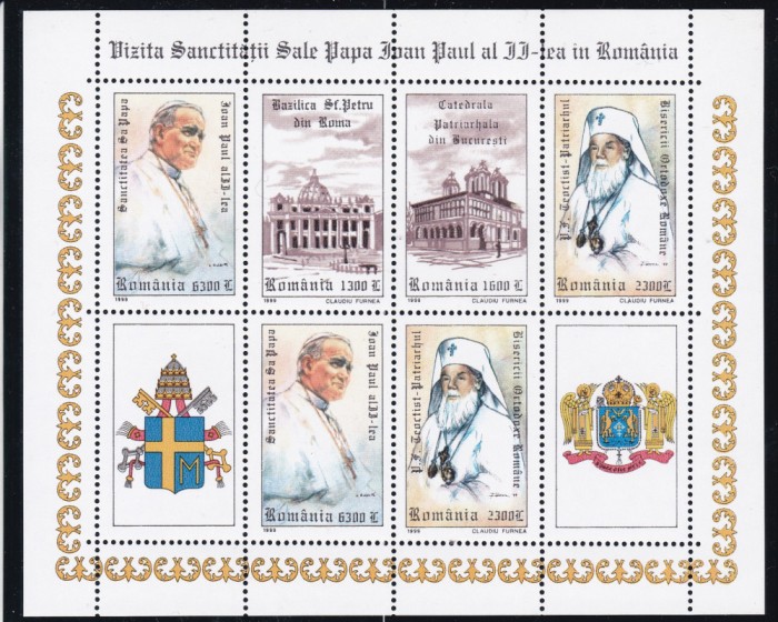 1999 LP 1484 a VIZITA SANCTITATII PAPA IOAN PAUL AL II-LEA IN ROMANIA BLOC MNH