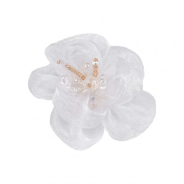 Floare din organza cu margele pentru cusut sau lipit pe haine, diametru 6 cm, Alb