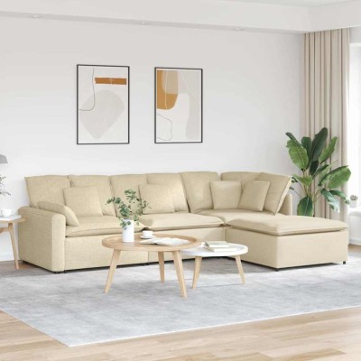 Canapea modulară cu taburet și perne, material textil, crem foto