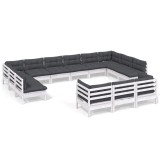 Set mobilier de gradina cu perne, 13 piese, alb, lemn de pin