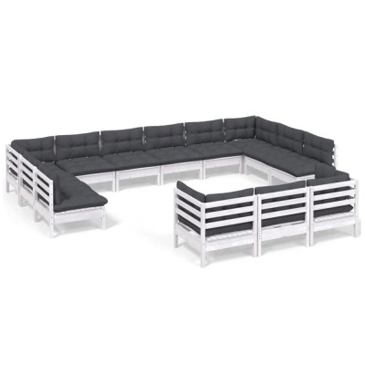 Set mobilier de gradina cu perne, 13 piese, alb, lemn de pin foto