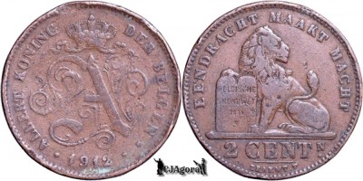 1912, 2 Centimes - Albert I - Regatul Belgiei - inscripție olandeză foto