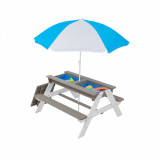 Set masuta de gradina cu bancute din lemn si umbrela anti UV cu inaltime ajustabila Ginger Home GriAlb