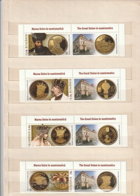 ROMANIA 2022 LP 2396 LP 2396 a MAREA UNIRE IN NUMISMATICA SERIE CU VINIETA 1 + BLOC DE 4 TIMBRE MNH NESTAMPILATE foto