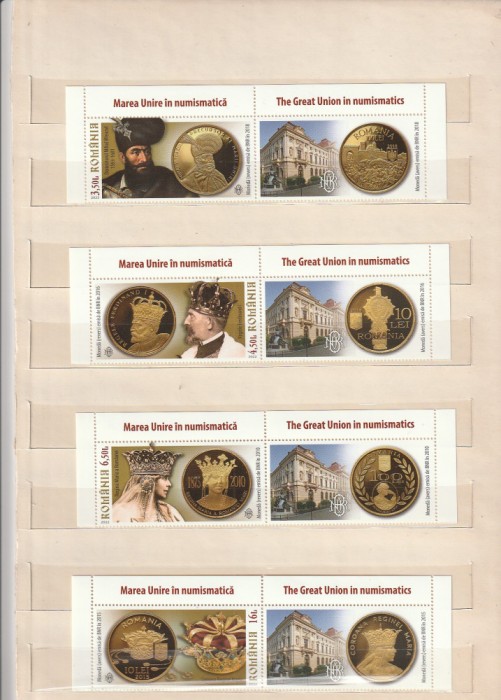 ROMANIA 2022 LP 2396 LP 2396 a MAREA UNIRE IN NUMISMATICA SERIE CU VINIETA 1 + BLOC DE 4 TIMBRE MNH NESTAMPILATE