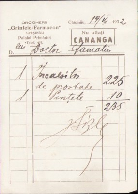A2703N Drogheria Grinfeld Farmacon, Chișinău, Basarabia, notă cu antet, 1932 foto