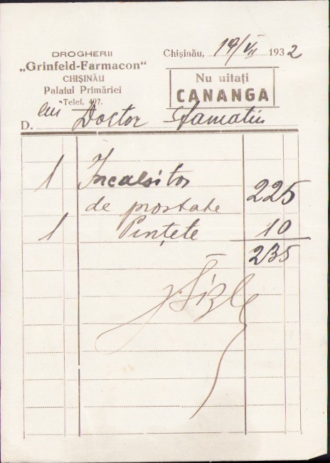 A2703N Drogheria Grinfeld Farmacon, Chișinău, Basarabia, notă cu antet, 1932