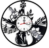 Ceas de perete decorativ Vioara si Flori, realizat din disc de vinil upcycled, model Portativ Muzical si Note Muzicale, negru, 30 cm