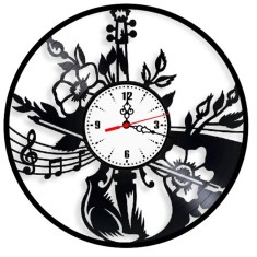 Ceas de perete decorativ Vioara si Flori, realizat din disc de vinil upcycled, model Portativ Muzical si Note Muzicale, negru, 30 cm