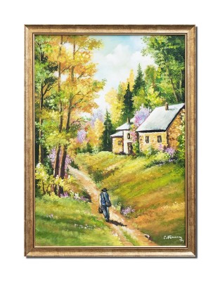 Tablou peisaj de la munte pictat manual inramat, Oaza de liniste, 75x55cm ulei pe panza, rama din lemn foto