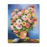 Tablou cu flori si carte pictat manual, Din gradina bunicii, 50x40cm ulei pe panza, Constantin Feraru