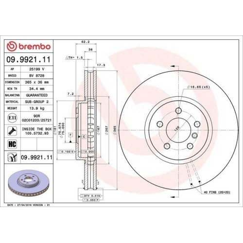 Set disc frana BMW X5 (E70) 02.06-07.13, X5 (F15 F85) 08.13-07.18, X6 (E71 E72) 06.07-12.15, X6 (F16 F86) 08.14-07.19, Fata, 365X36mm, ventilat, BREM