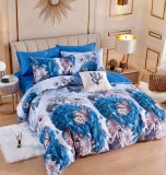 Cumpara ieftin Lenjerie pat dublu,bumbac finet,6 piese,cearceaf cu elastic,albastra cu flori si fluturi-A813, Jojo Home