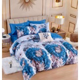 Lenjerie pat dublu,bumbac finet,6 piese,cearceaf cu elastic,albastra cu flori si fluturi-A813