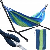 Hamac dublu cu suport metalic, multicolor, 200x150 cm, greutate maxima 200 kg, husa depozitare inclusa