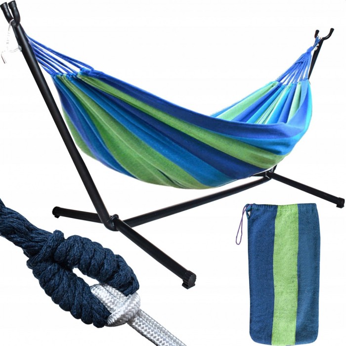 Hamac dublu cu suport metalic, multicolor, 200x150 cm, greutate maxima 200 kg, husa depozitare inclusa