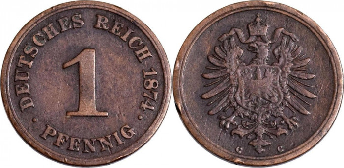 1874 - C - 1 pfennig - Wilhelm I - Imperiul German Monetaria : Frankfurt