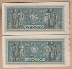 (2) 2 BANCNOTE ROMANIA - 1.000.000 LEI 1947 (1 MILION LEI) 16 APRILIE, REGALISTE, SERII CONSECUTIVE - AUNC