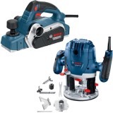 Bosch GHO 26-82 D + GOF 130 - Rindea electrica 710 W 82 mm + Masina de frezat 1300 W 6 8 mm accesorii