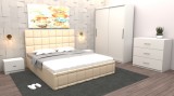 Dormitor Regal cu Pat Tapitat Crem imitatie piele cu dulap usi glisante Alb fara oglinda si cu comoda Tv