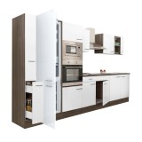 Mobilier de bucătărie Yorki 360, cu corp din stejar Yorki, fațade albe cu finisaj satinat, cu frigider cu congelator &icirc;n partea de jos, fără blat de lu