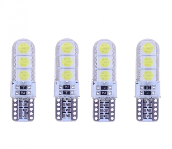 Set 4 Becuri LED T10 w5w pentru Pozitii, Plafoniera Lumina Alba cu Protectie Silicon