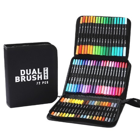 Set Carioci pe Baza de Apa, Cyrax, 2 in 1, pentru Pictura, Caligrafie, 72 Culori, Penar Negru, Corp Carioca Negru, 24.5 x 18.5 x 5 cm, Multicolor