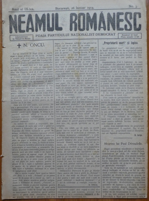 Ziarul Neamul romanesc , nr. 3 , 1914 , din perioada antisemita a lui N. Iorga