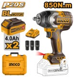 Masina de insurubat, cheie cu impact20V BL 1/2 850nm cu 2 x 4.0Ah cu baterie Ingco CIWLI2085